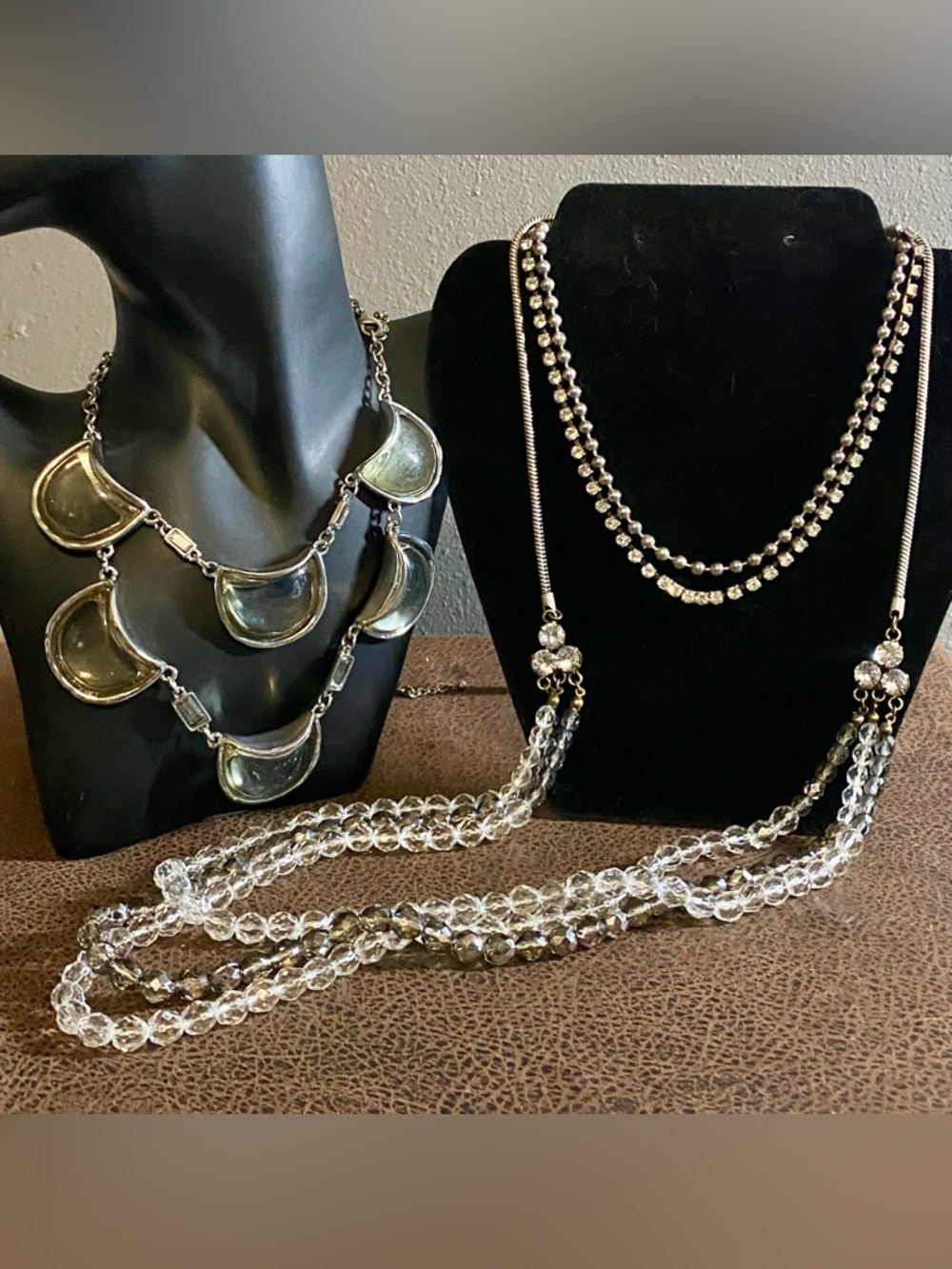 Vintage Silver-Tone and Clear Bead, Rhinestone Layered Bib Necklace Set
